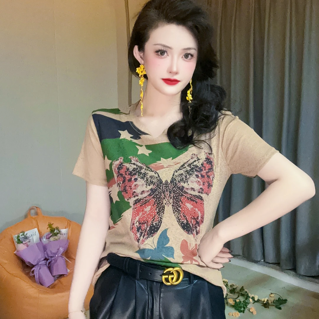 【夏季新款】新款彩色蝴蝶小衫重工烫钻修身打底衫短袖女装2117