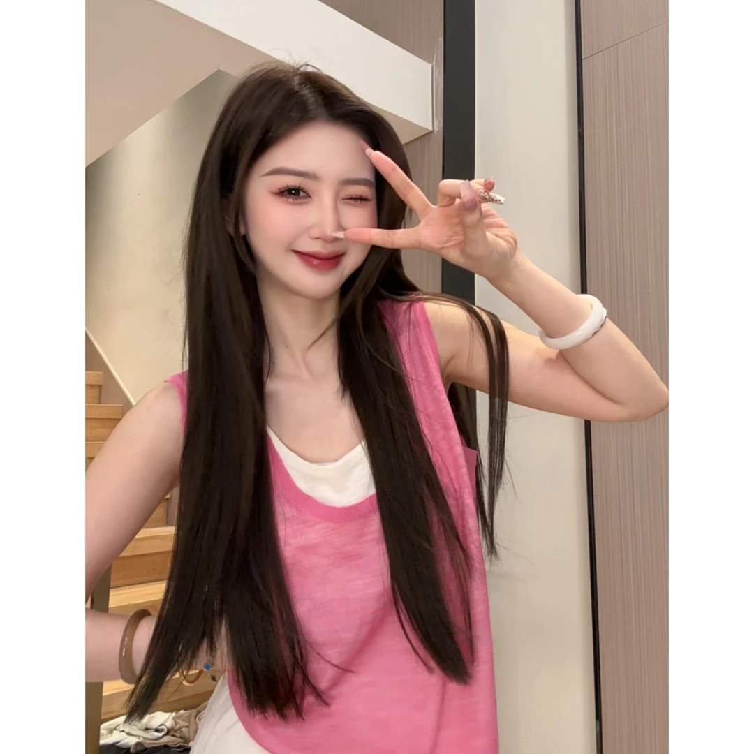 韩系时尚显白假两件拼接无袖背心女2025夏季新款撞色拼接减龄上衣