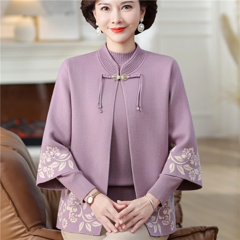 新款妈妈秋装洋气国风外套上衣中老年女秋冬针织开衫毛衣两件套装