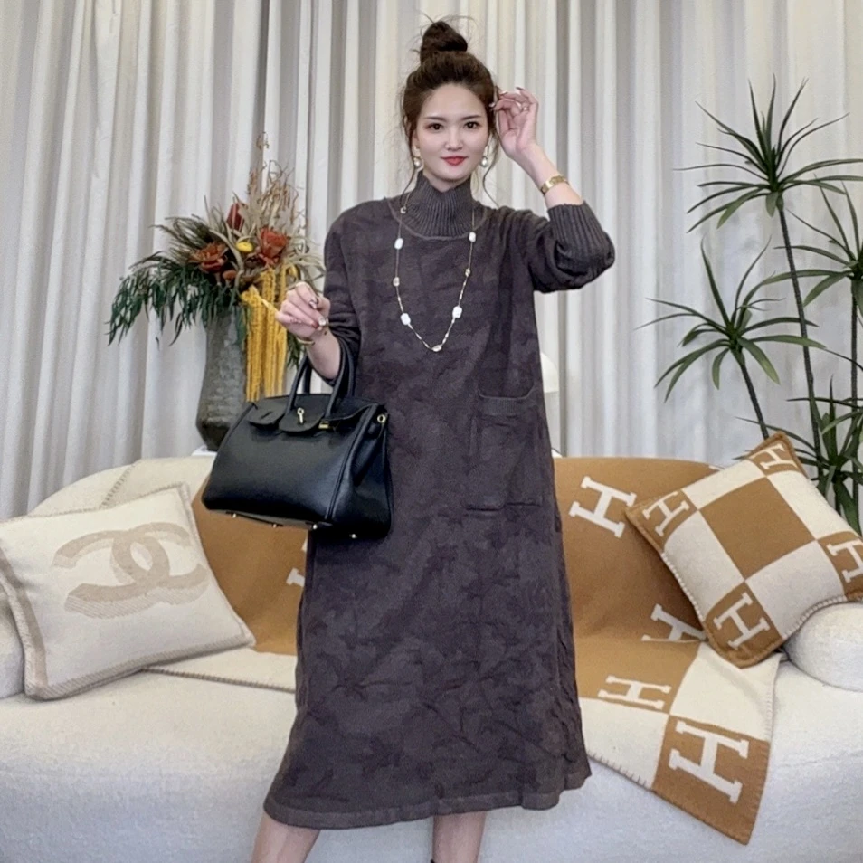 [浮花]秋冬季时尚针织简约韩版经典长袖秋款毛衣连衣裙-1888