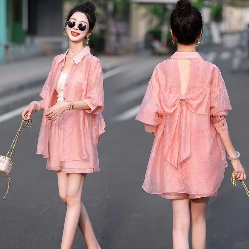 时尚韩系衬衫短裤套装女2025新款夏季蝴蝶结洋气百搭薄款两件套女