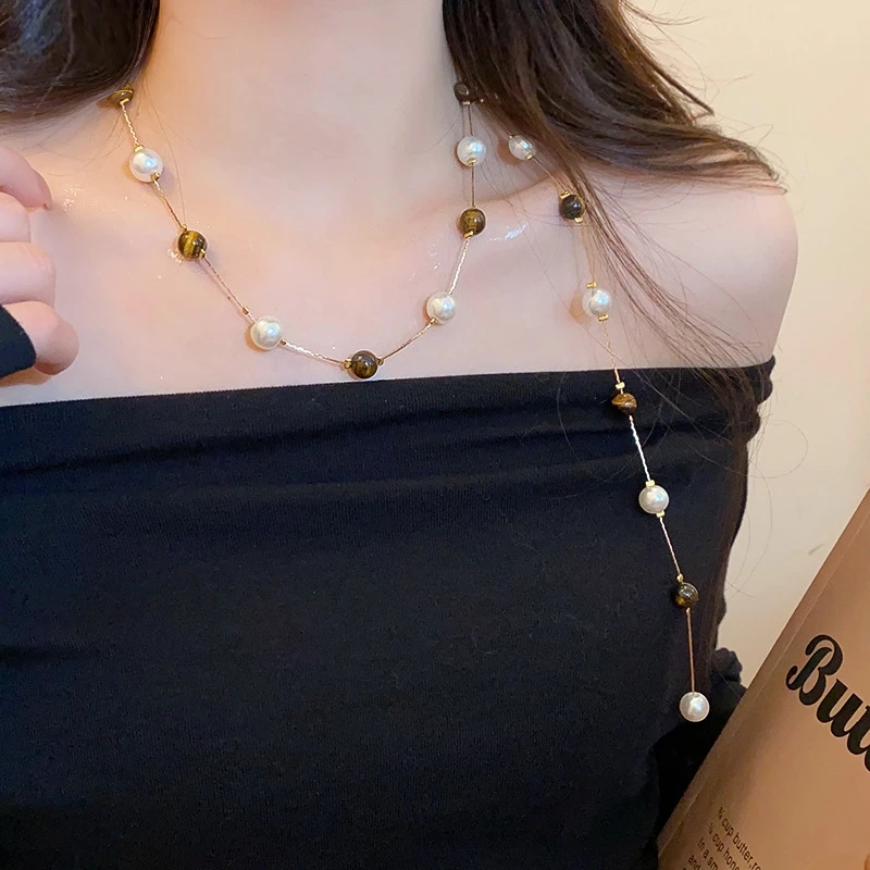 铜合金仿珍珠项链 长款项链秋冬小众时尚气质毛衣链轻奢项饰B209