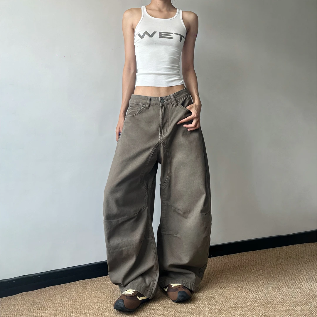 Mainfixed美拉德廓形阔腿弯刀牛仔裤男女美式复古褶皱宽松休闲裤