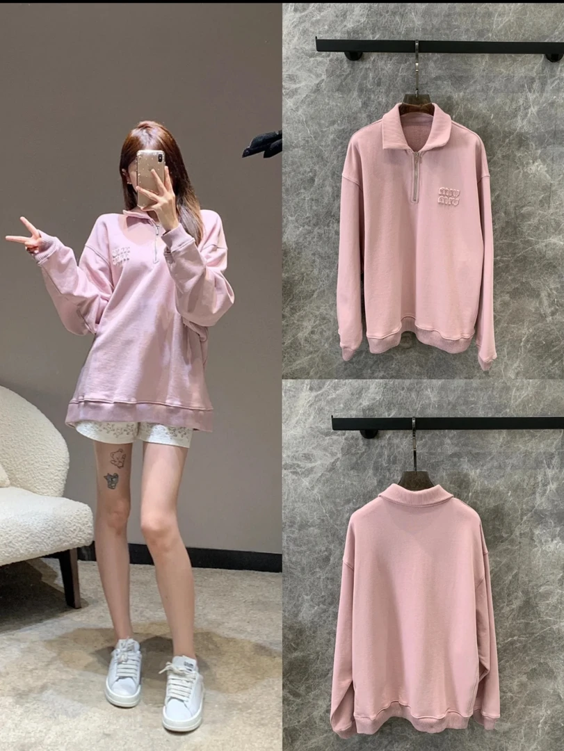 99新 MIU MIU/缪缪 24SS 做旧粉色半拉链Polo长袖卫衣 M码 99新