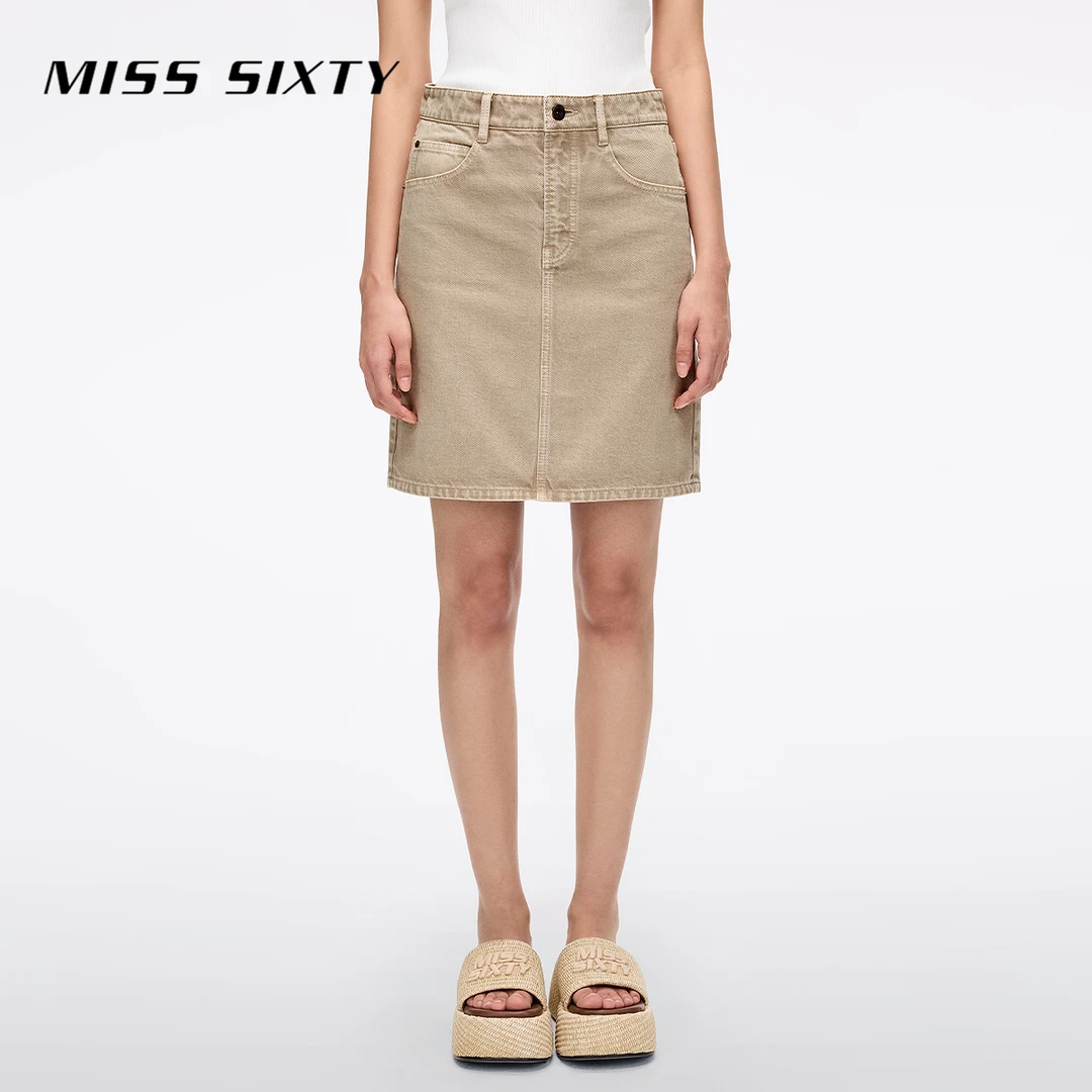 Miss Sixty2025夏季新款牛仔半裙女复古卡其色小个子休闲街头中裙