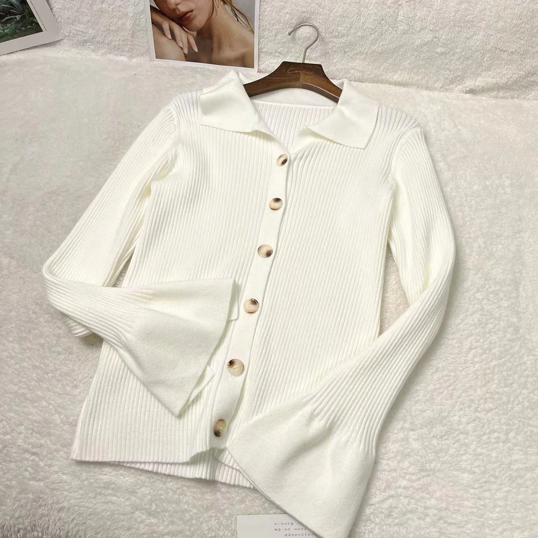 秋冬高级百搭设计感喇叭袖翻领修身显瘦针织衫h2289