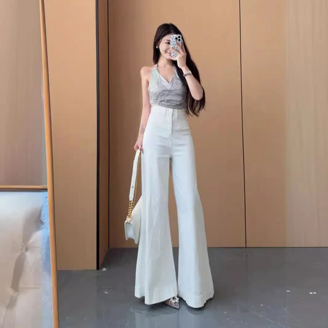 气质白色超阔腿牛仔裤女2024夏季新款高腰显瘦显高休闲百搭阔腿裤