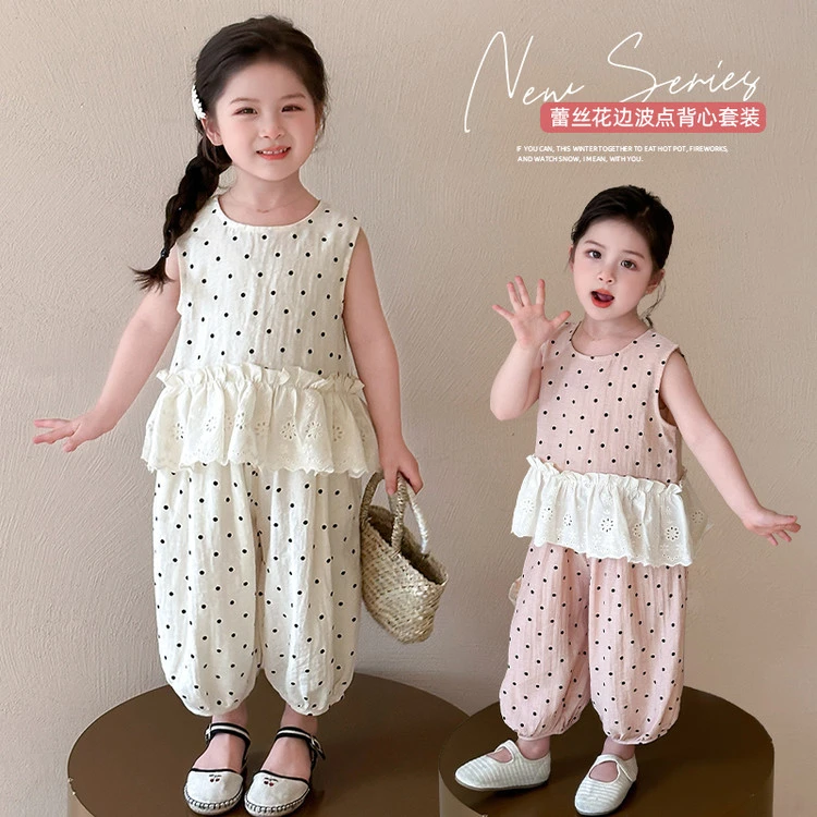 女童夏季波点套装2025新款儿童洋气花边无袖背心灯笼裤两件套童装