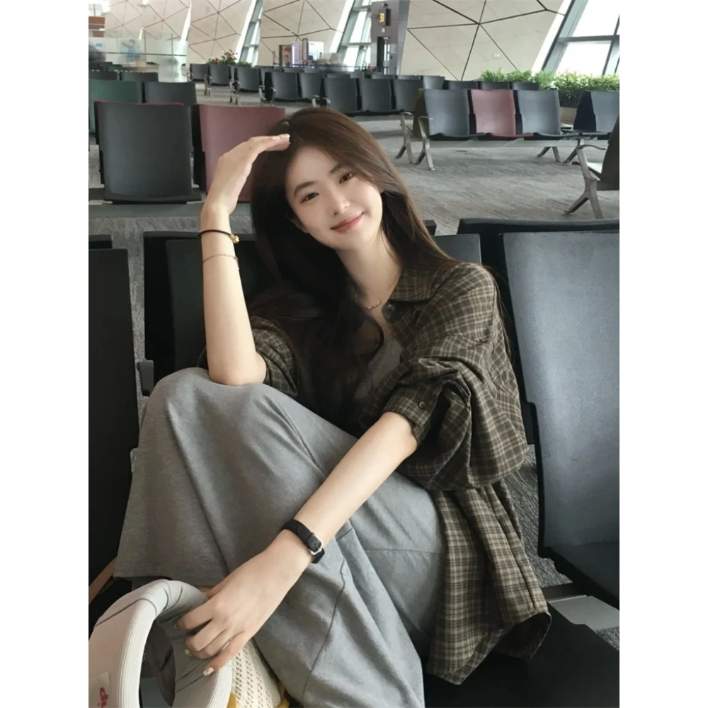 时尚套装格纹长袖防晒衬衫女装2025年秋季灰色连衣裙长裙两件套