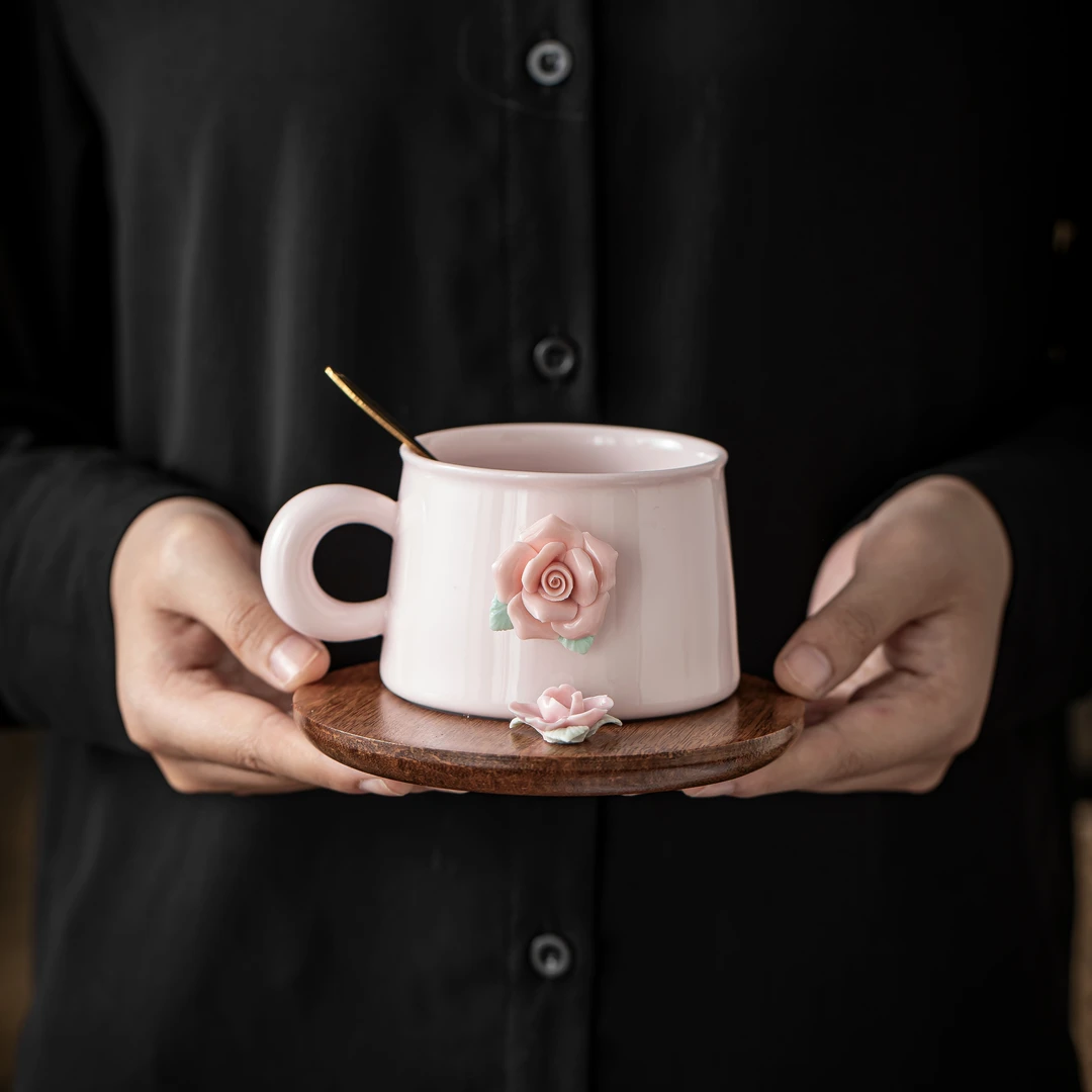 汤大壮【咖啡杯】精致粉泥陶瓷捏花磁吸咖啡杯马克杯带杯垫