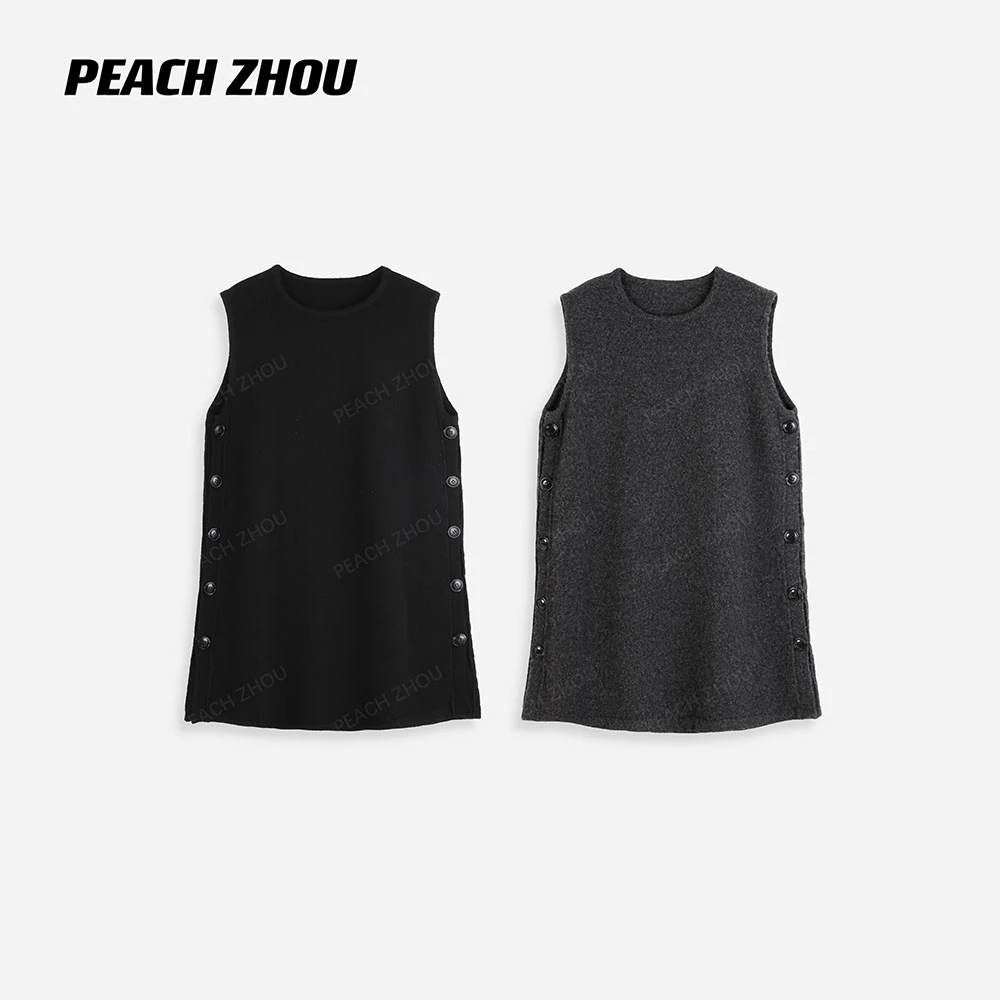 『PEACHZHOU』绵羊毛混纺针织侧缝排扣宽松圆领毛织无袖背心连衣裙