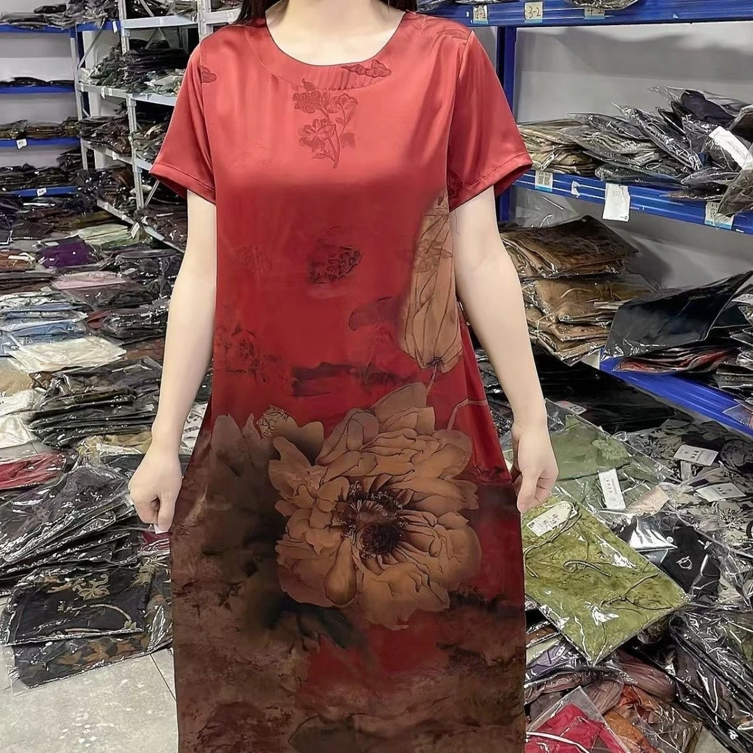 9907-连衣裙提花复古图案夏季气质舒适复古旗袍裙【富通物流】