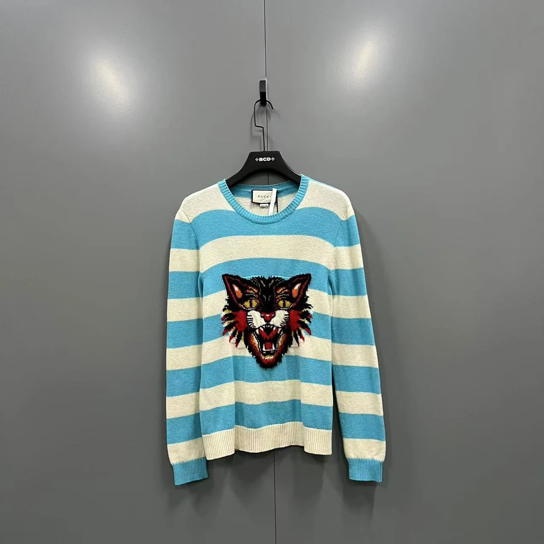 95新 GUCCI/古驰 (ll) 蓝白条纹精灵猫毛衣 S码/000607