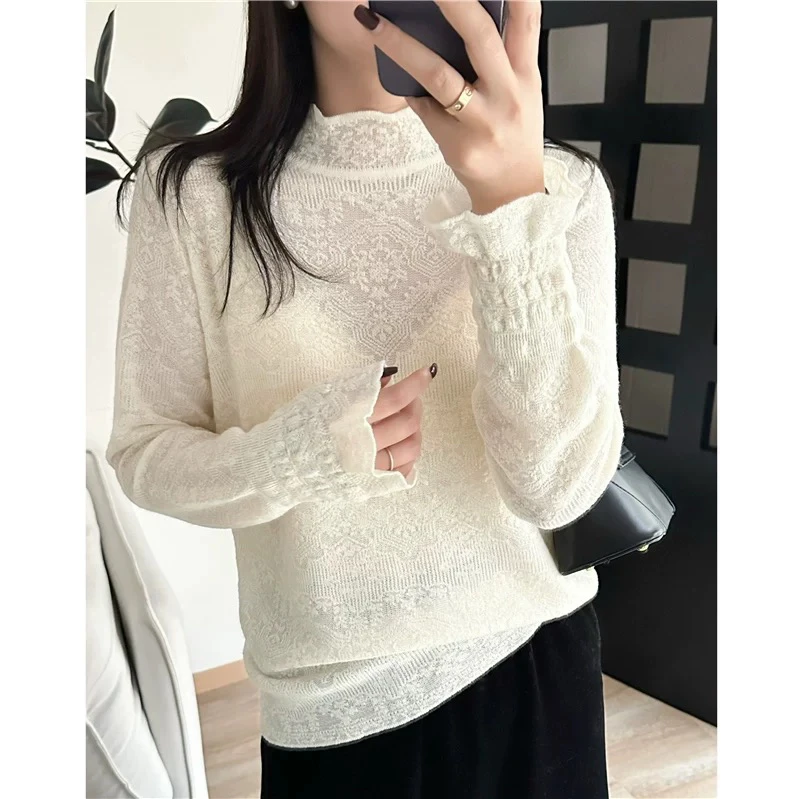 「木耳边内搭」半高领花边蕾丝木耳边洋气瘦毛衣打底衫上衣