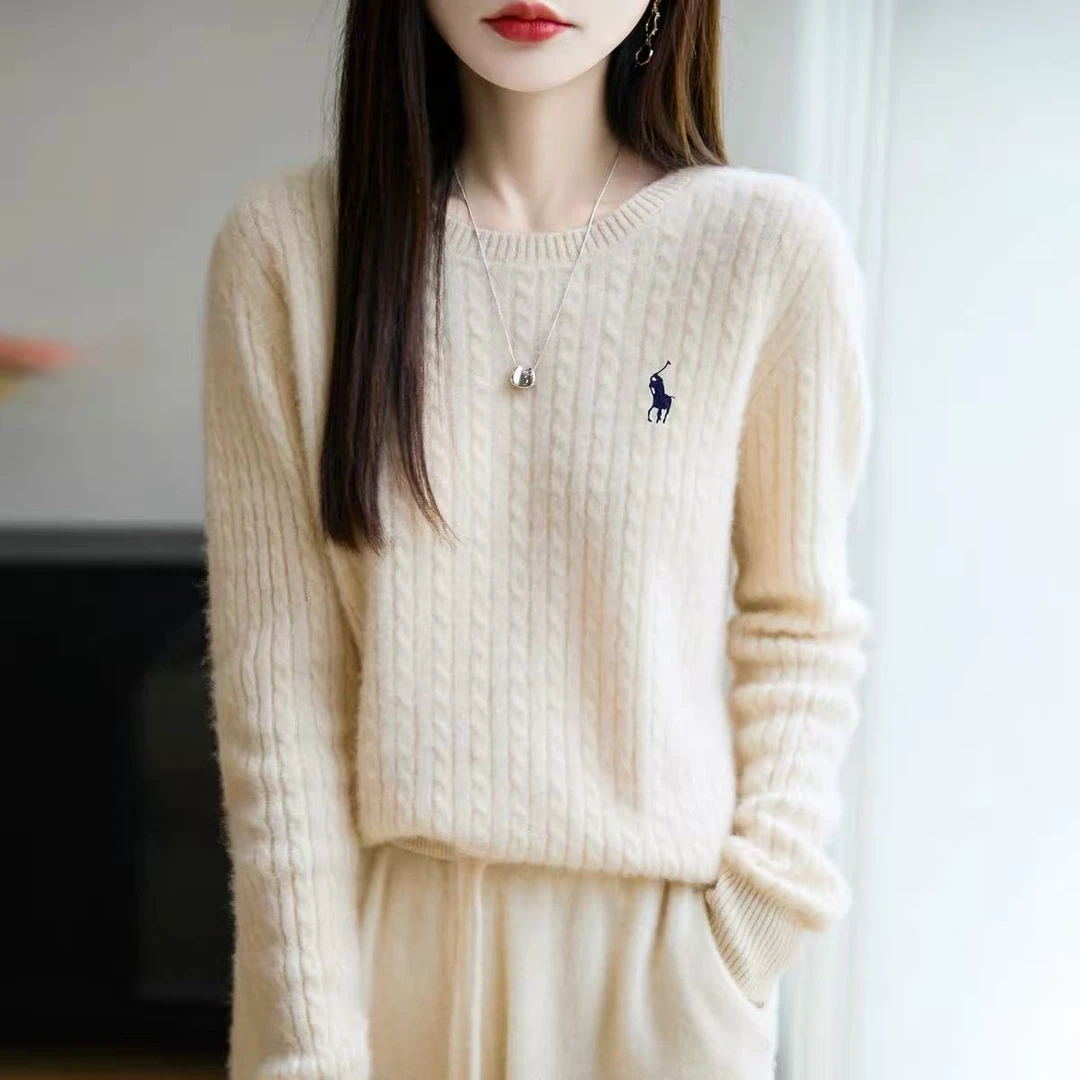 秋冬新款100%羊毛麻花刺绣女圆领气质温柔时尚设计感百搭毛衣473