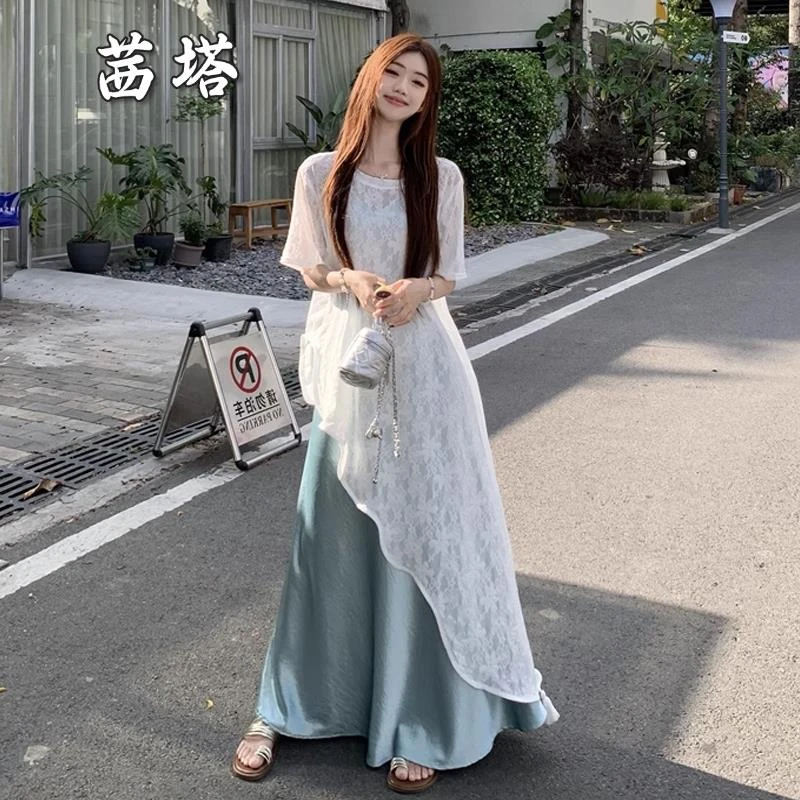 夏季一整套穿搭大码胖mm不规则蕾丝罩衫醋酸缎面吊带连衣裙两件套