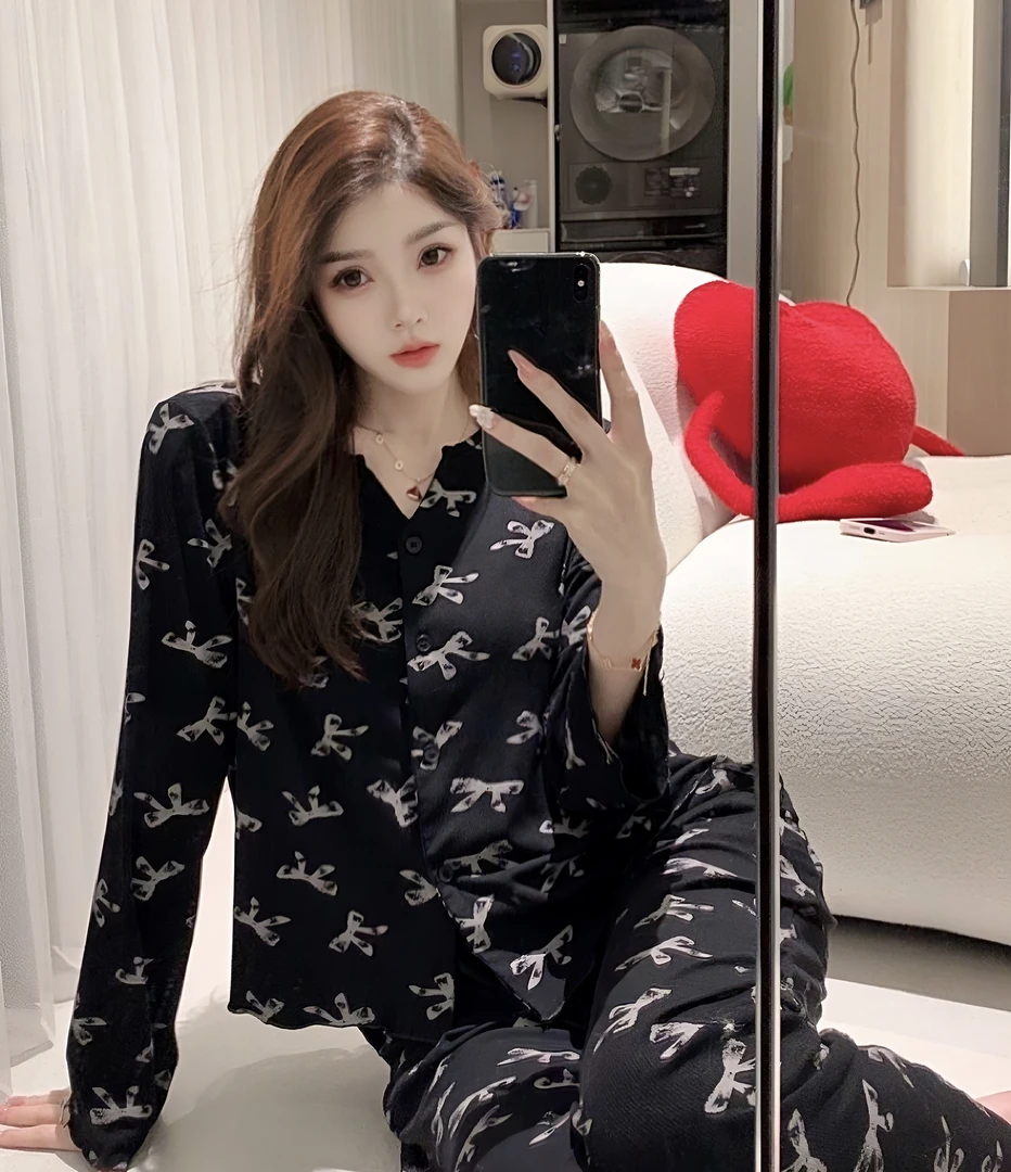 【奈思】春季上新《黑红蝴蝶结》高定长袖长裤睡衣家居服套装