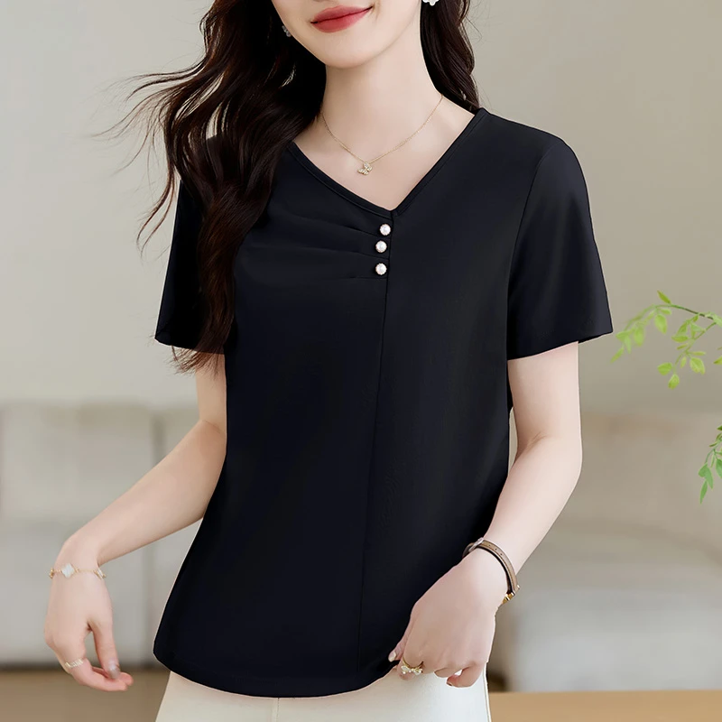 中年女装妈妈款夏装短袖t恤女款2025新款高级感设计感黑色上衣