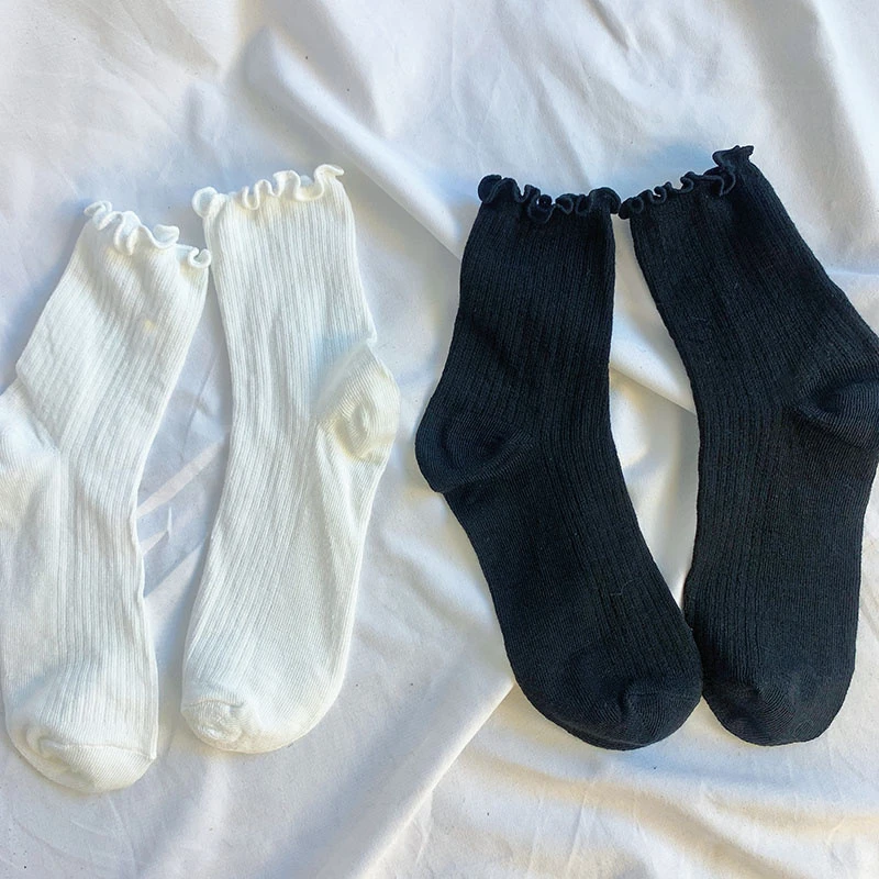 【福利品】夏季薄款纯色木耳边袜子女jk中筒袜ins潮日系白色花边透