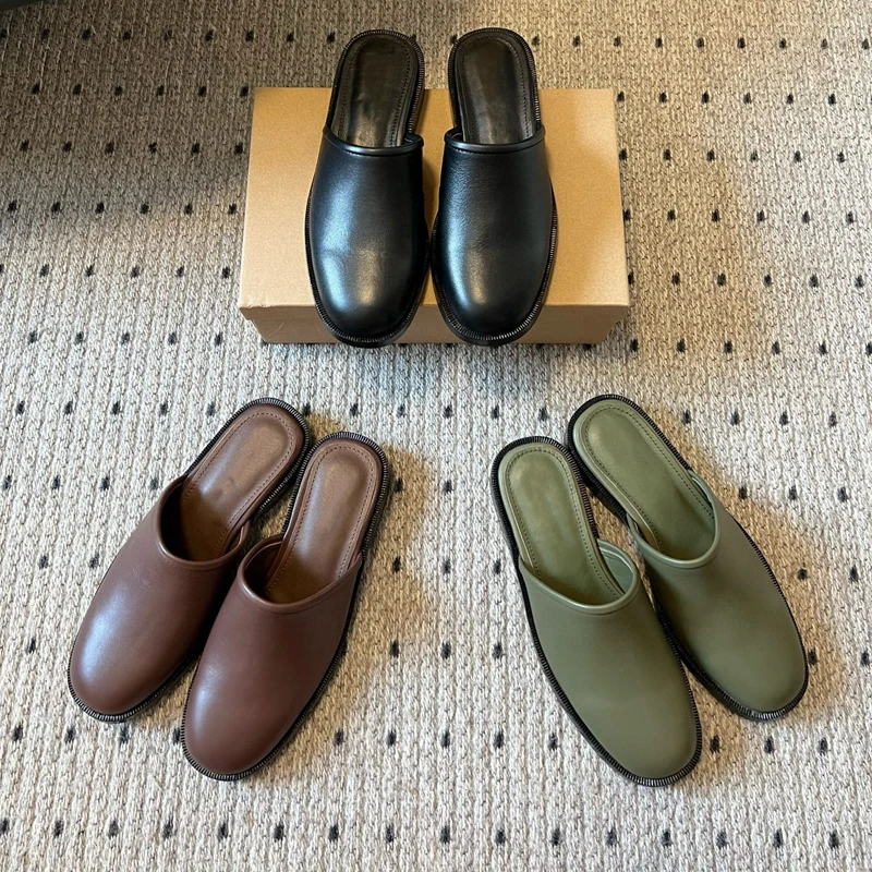 包头半拖鞋女外穿高版2025夏季新款复古平底气质懒人一脚蹬穆勒鞋