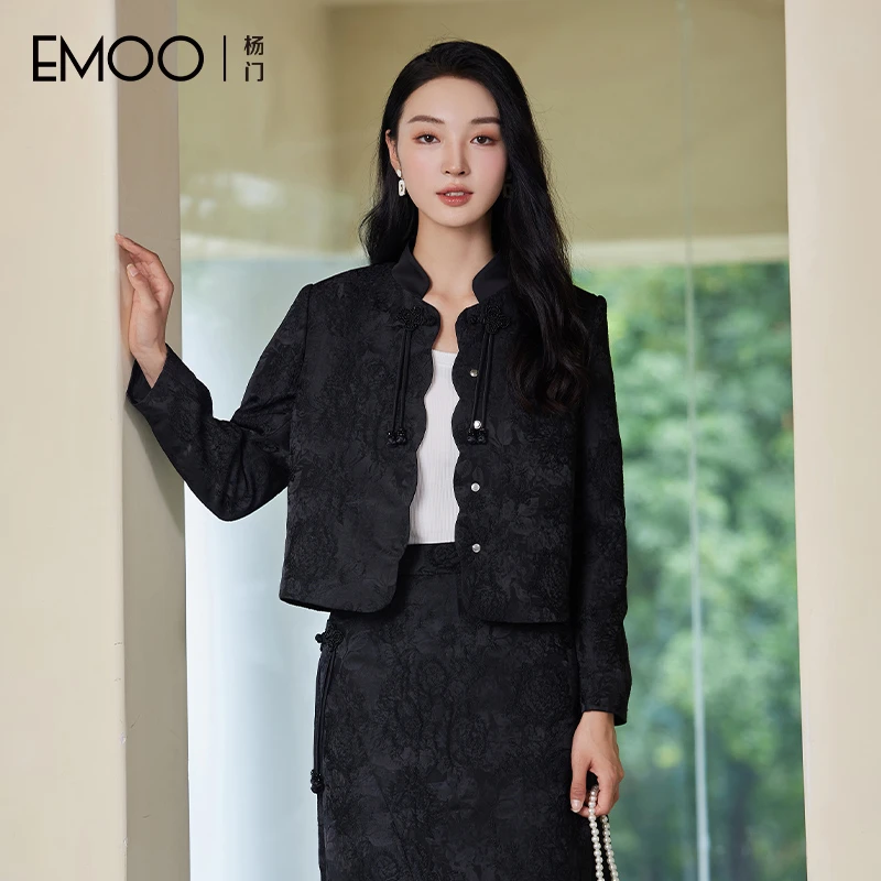 EMOO/杨门春季小香风法式短款上衣长袖时尚黑色短外套E14W163210