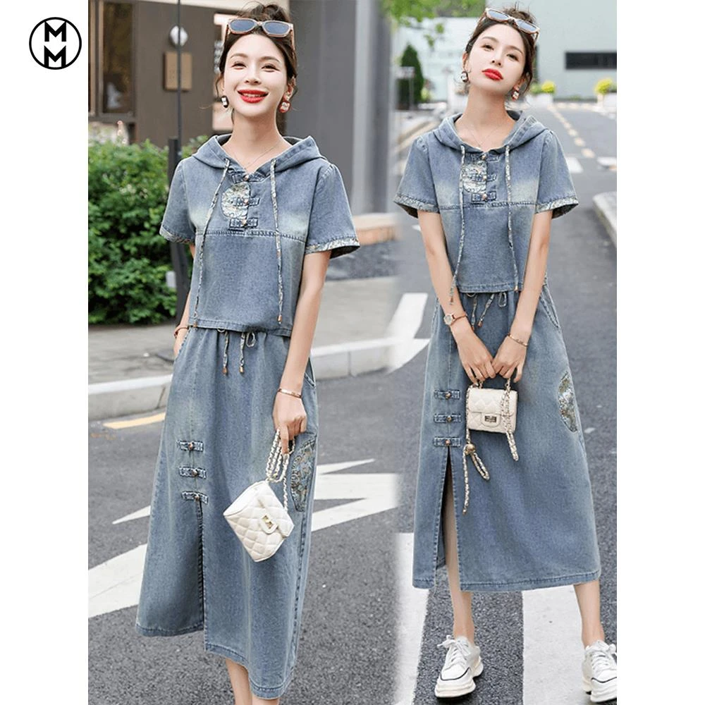 MM新中式刺绣连帽牛仔套装裙女2025夏装爆款复古洋气减龄国风两件