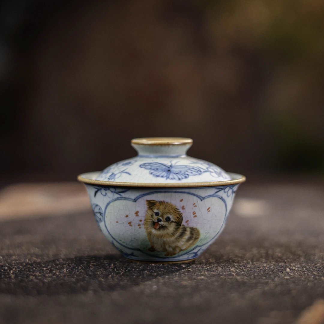 【静姐小院】黄色呆萌小狗蝴蝶元宝盖碗100ML（朴碗0179）