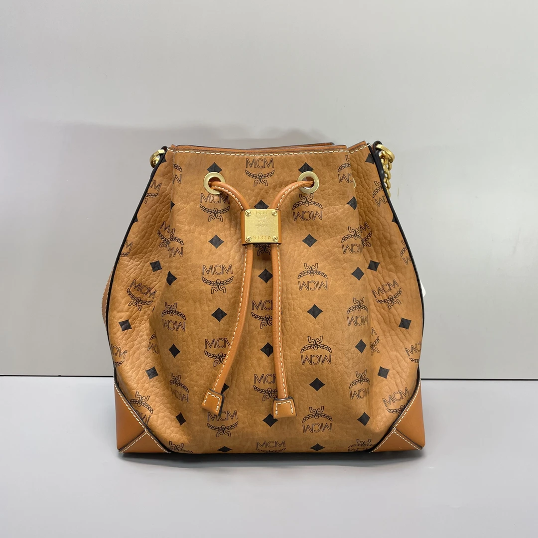 95新 MCM 媚姐/mcm干邑色大号水桶包25x26x13cmG020405