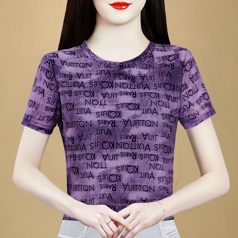 圆领网纱短袖T恤女夏装新款高级感洋气印花弹力小衫气质显瘦上衣