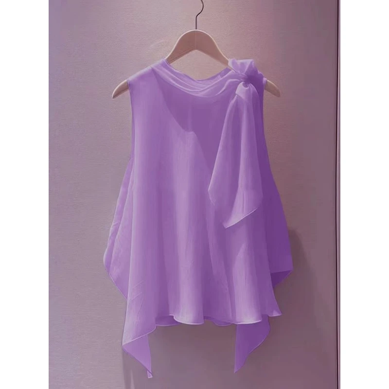 漂亮洋气高端别致小衫法式上衣紫色无袖蝴蝶结衬衫2025新款百搭