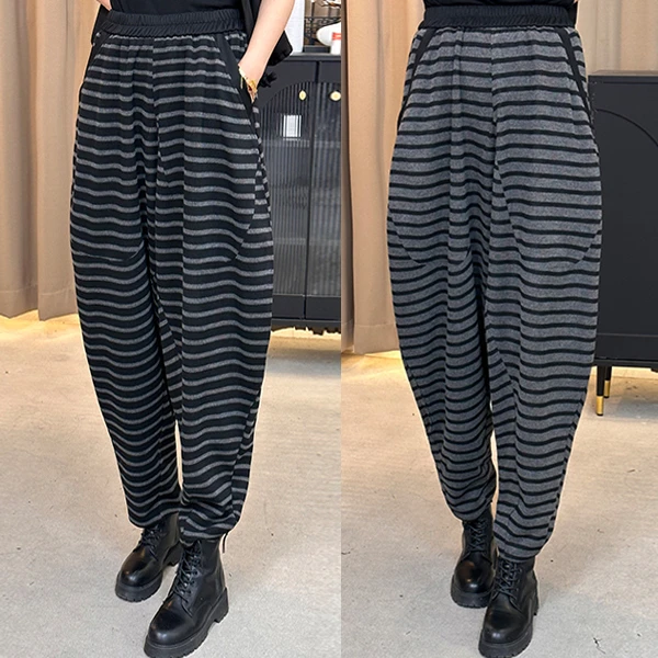 春季新款欧货设计感条纹显瘦百搭哈伦裤宽松休闲洋气潮流休闲裤
