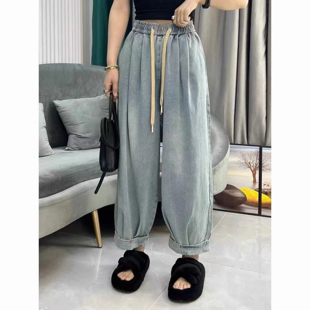 时尚百搭松紧腰抽绳设计做旧水洗九分牛仔裤