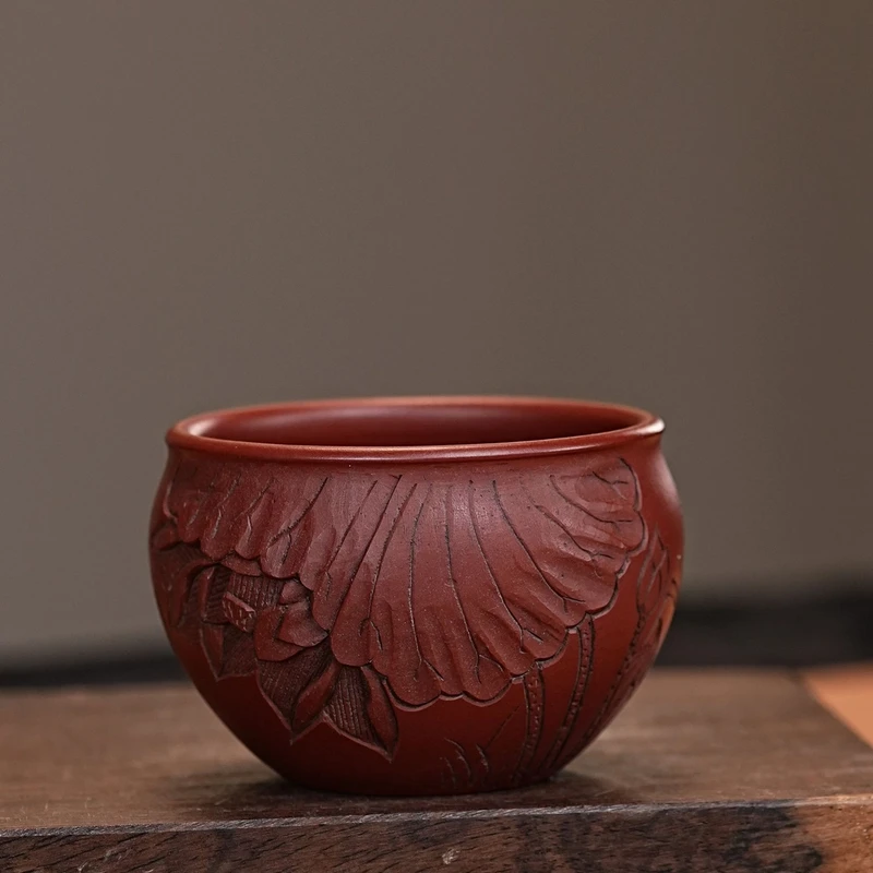 【1206荷花缸杯】宜兴原矿大红袍手工浮雕刻绘荷花主人杯 缸杯