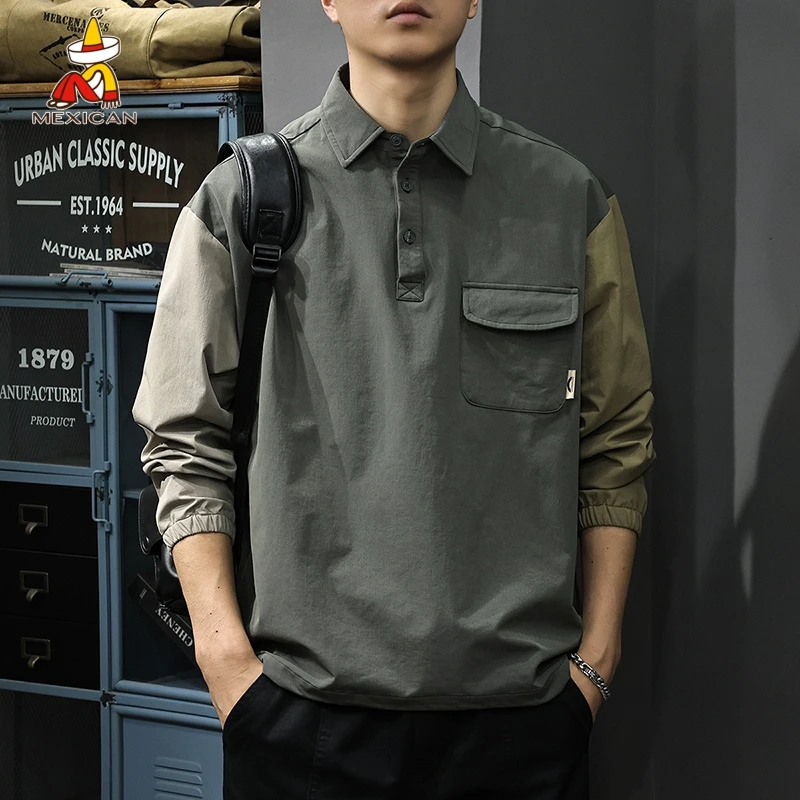 Mexican/稻草人秋季拼色长袖polo衫男款美式宽松休闲运动工装衬衫