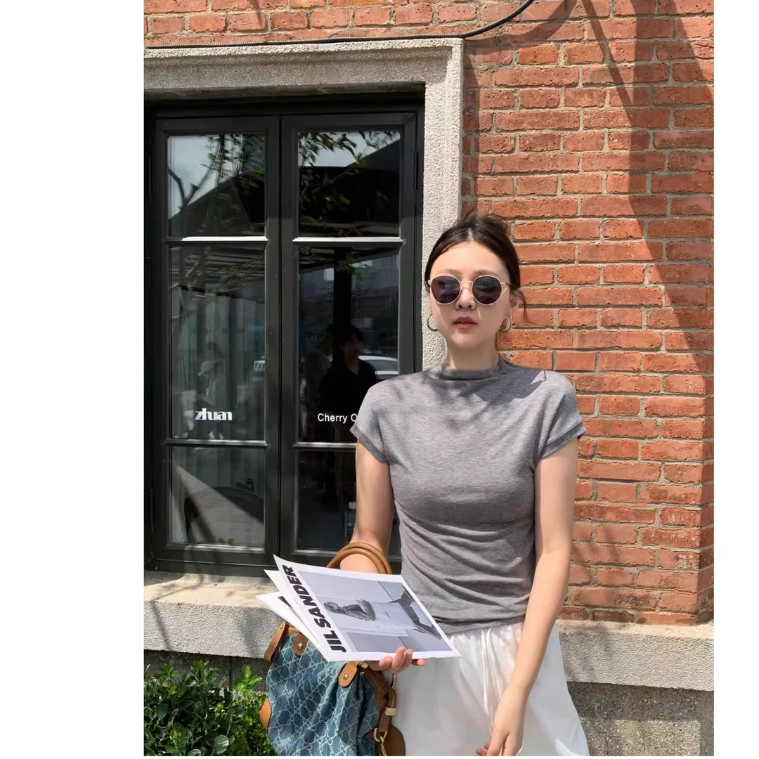 清仓 海维恩【天丝羊毛短袖】简约气质半高领天鹅颈天丝羊毛短袖