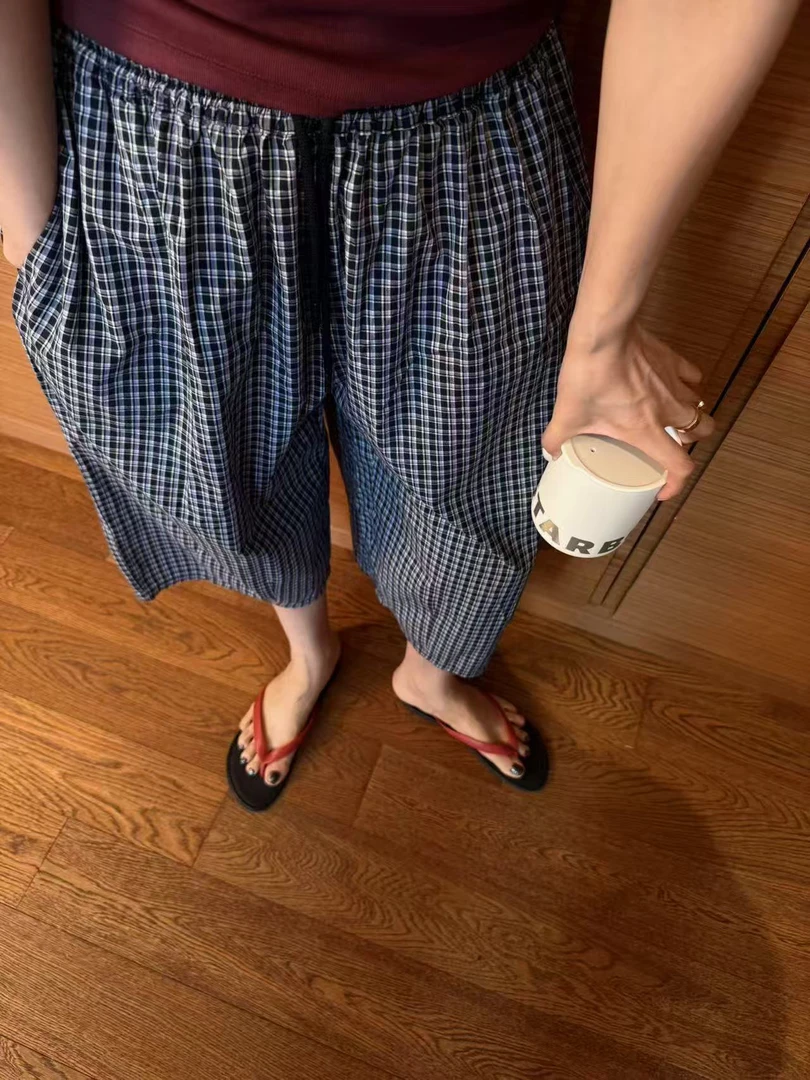 韩系7分极简格纹裤 no退no换