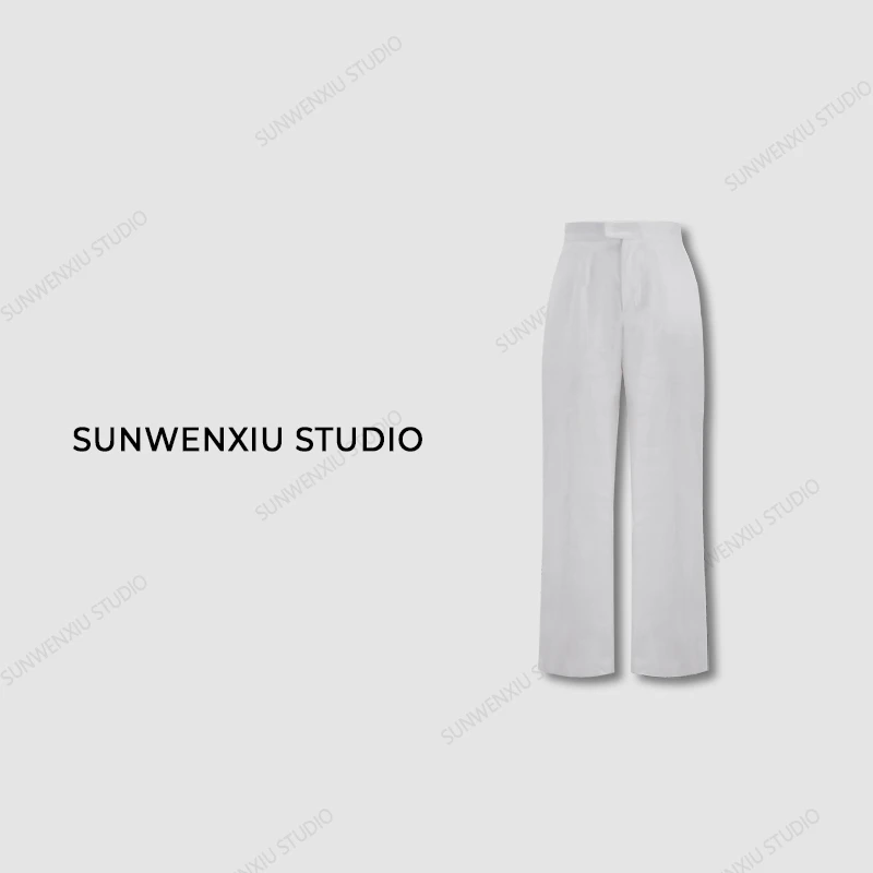 swx studio2店 “L*P麻裤”100%亚麻极简白色九分直筒裤
