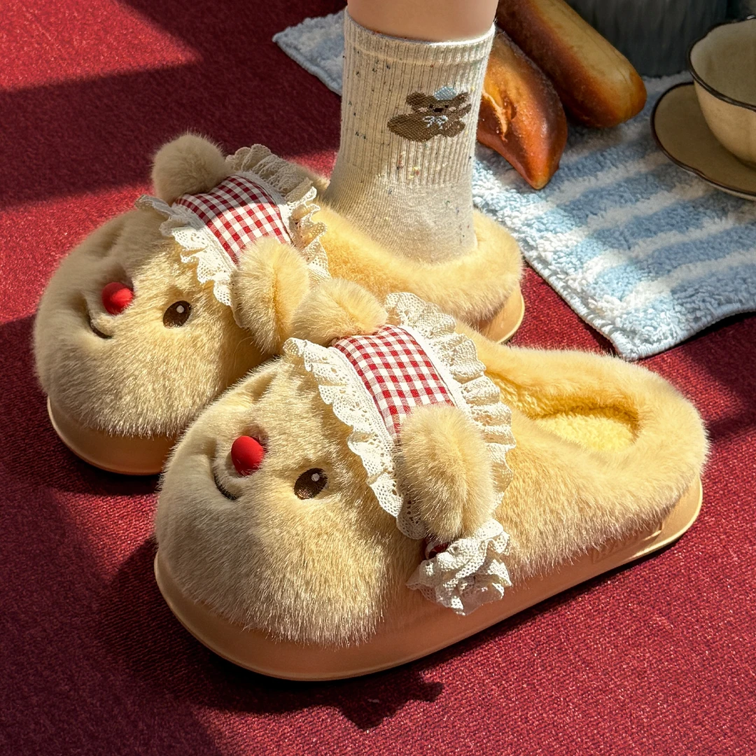 猫力可爱黄油小熊毛绒棉拖鞋女款2025新款居家加绒保暖毛毛拖鞋女