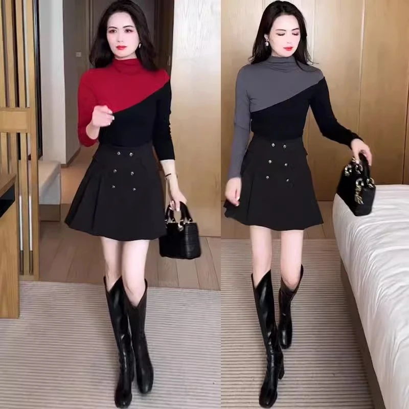 半高领打底衫女2025秋冬新款设计感长袖T恤时尚洋气撞色内搭上衣