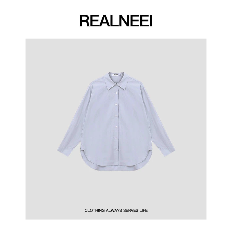 REALNEEI【幻蓝府绸】99棉春季新款百搭翻领宽松休闲衬衣01163