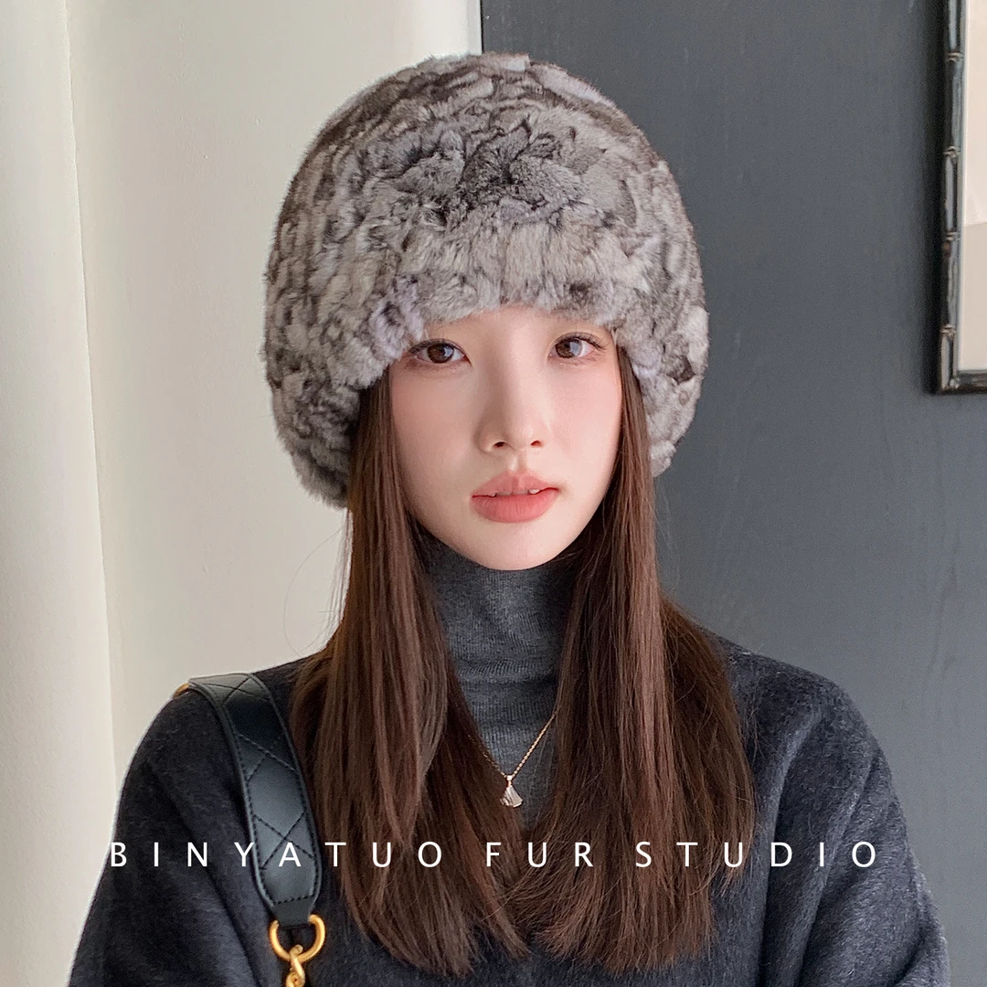 龙猫毛加密编织女士真毛皮草帽子秋冬保暖青紫蓝栗鼠护耳包头帽