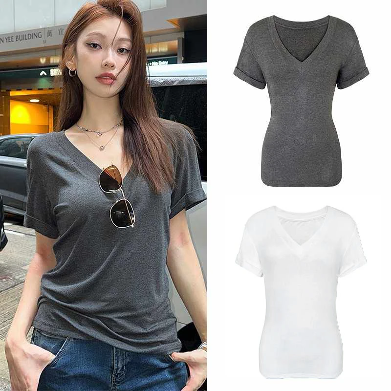 2025基础款复古大V领小众设计感正肩显瘦百搭短袖t恤时尚辣妹穿搭