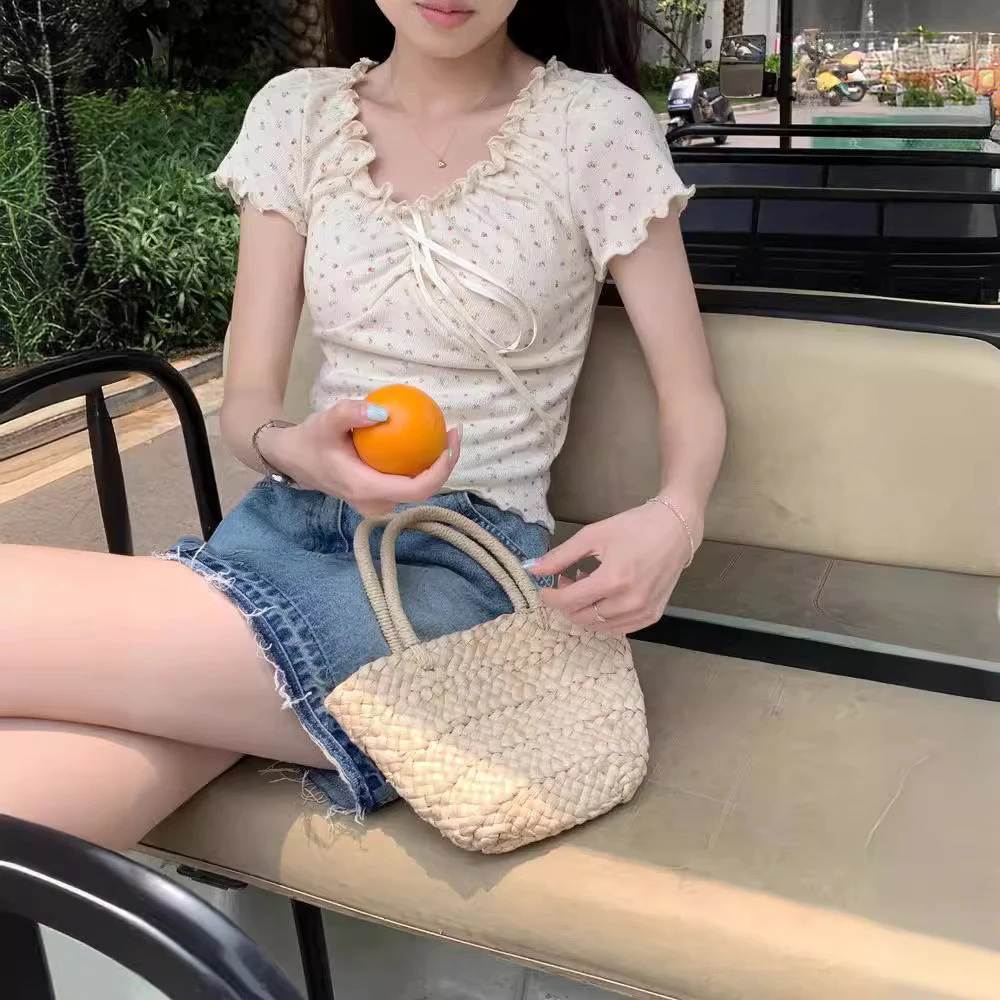 木耳边短款系带短袖T恤褶皱时尚百搭修身显瘦气质母亲节洋气衣服