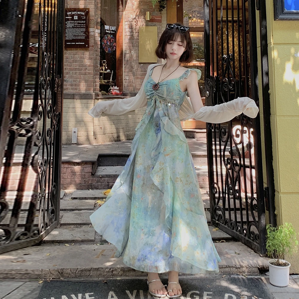 大码法式吊带连衣裙女夏季设计感印花裙子胖MM遮肚显瘦A字裙+开衫