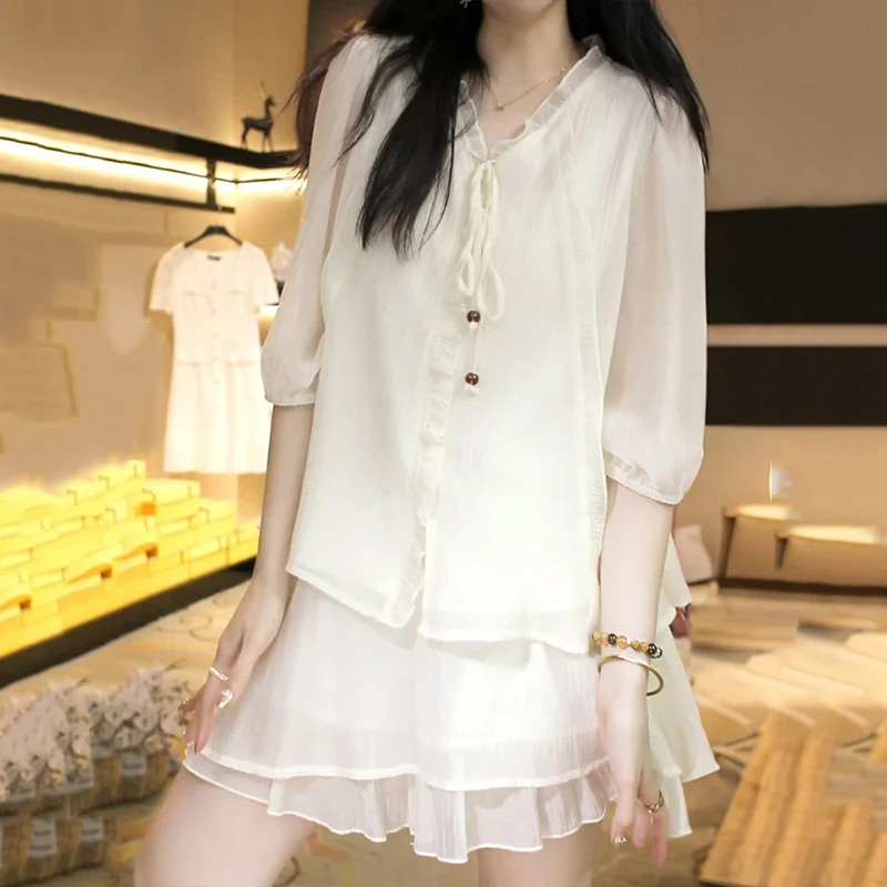法式荷叶边系带衬衫短裙套装女夏季高级感气质V领上衣半裙两件套