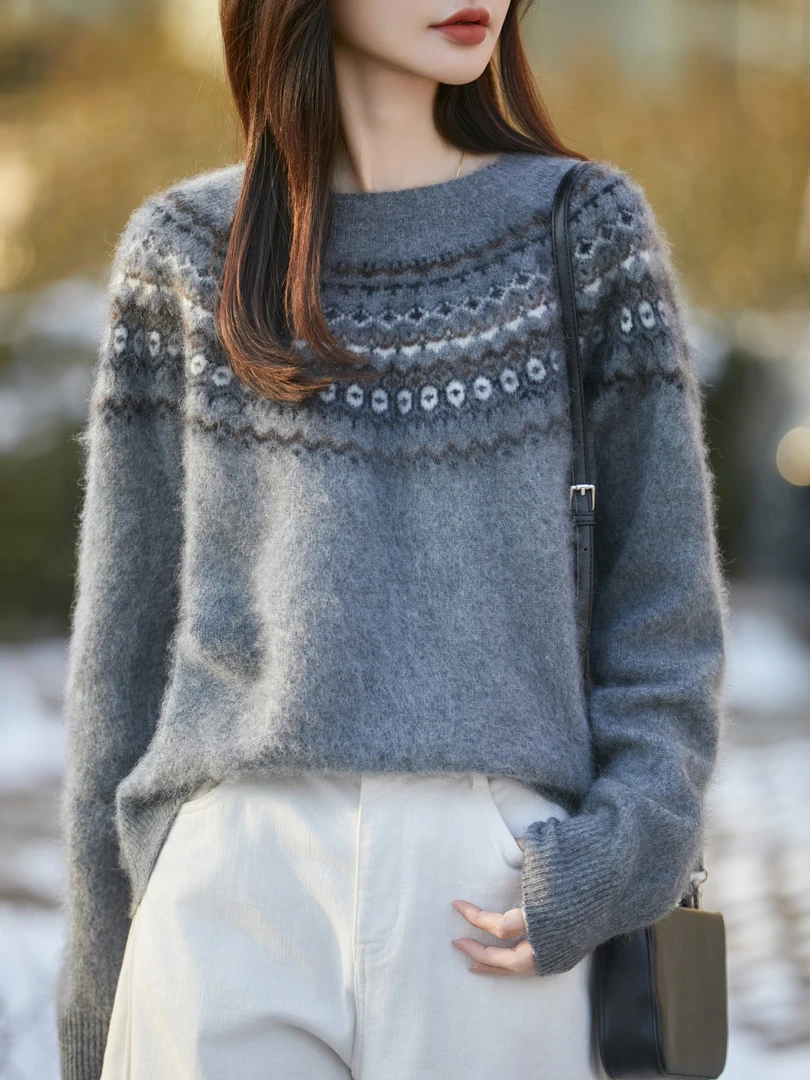 【羊绒拉绒】费尔岛时尚圆领加厚宽松ZM815