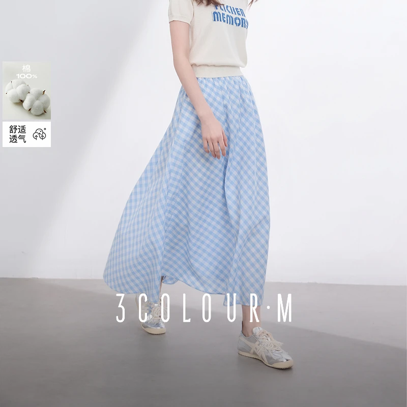 【100棉】三彩2025夏季新款蓝色半身裙高腰大摆格子伞裙A字女M