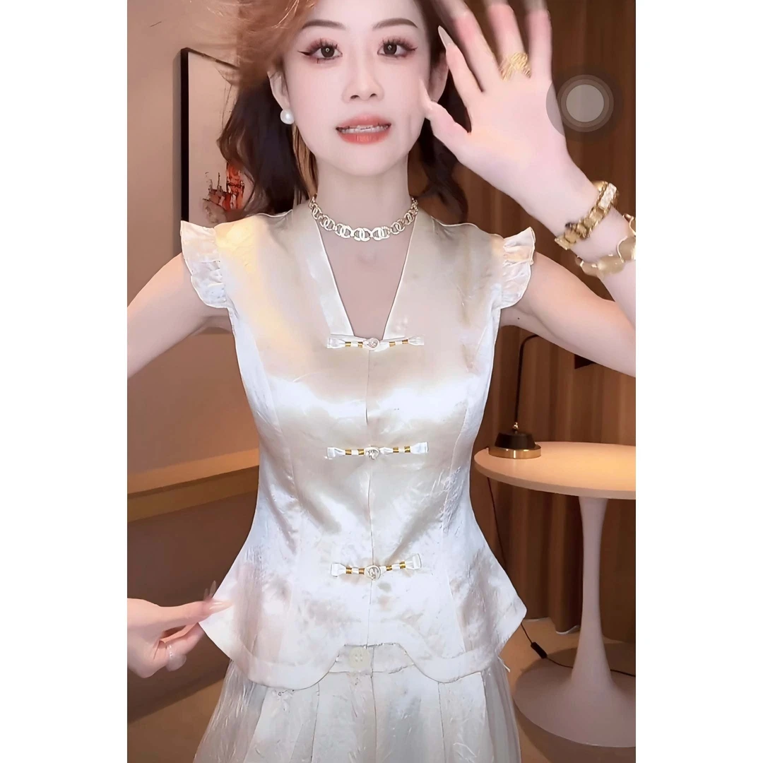 【两件套】2025夏季新中式短袖T恤设计款裤子套装D2054