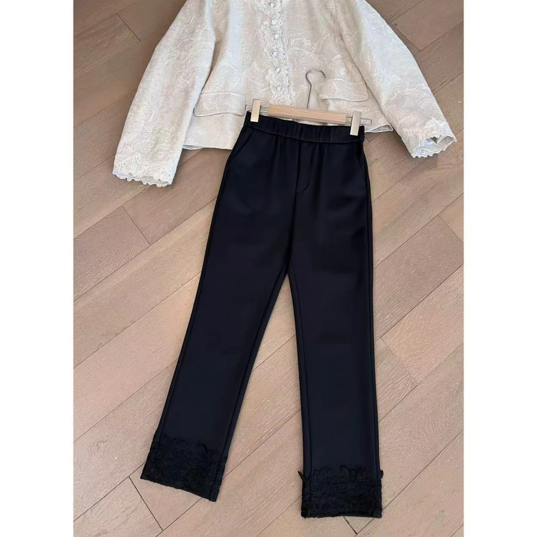 2025春 极简百搭蕾丝拼接裤脚九分休闲裤 2502C388