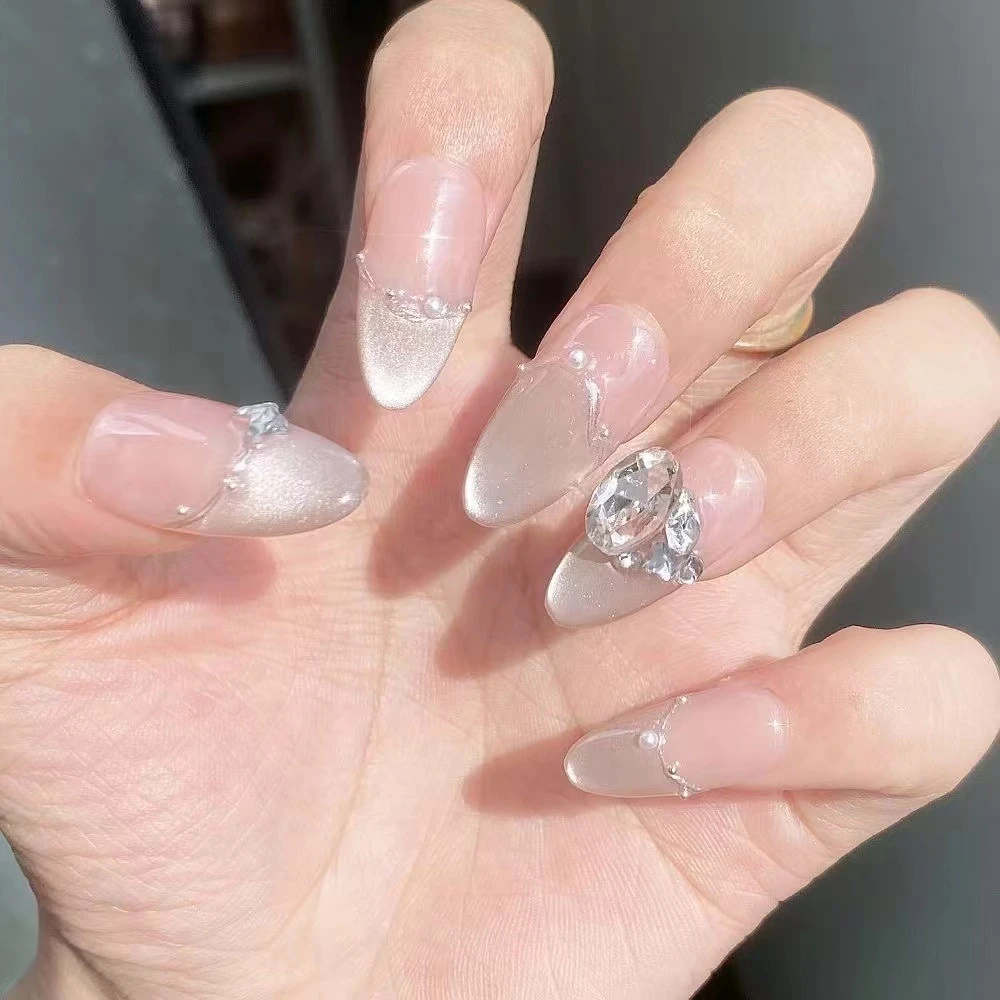 塞纳河畔穿戴甲2025纯手工裸肤色猫眼中长款假指甲款式光疗甲片